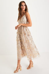 Glittery Glamour Gold Floral Embroidered Sequin Midi Dress