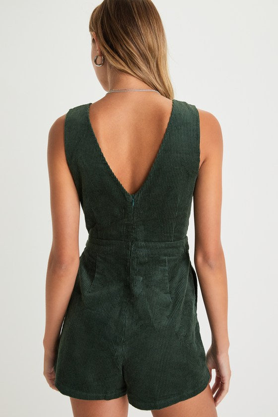 Absolutely Cute Dark Green Corduroy Faux-Wrap Skort Romper