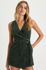 Absolutely Cute Dark Green Corduroy Faux-Wrap Skort Romper