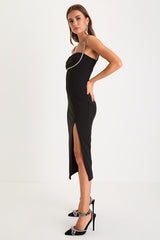 Upscale Flirt Black Rhinestone Sleeveless Bodycon Midi Dress