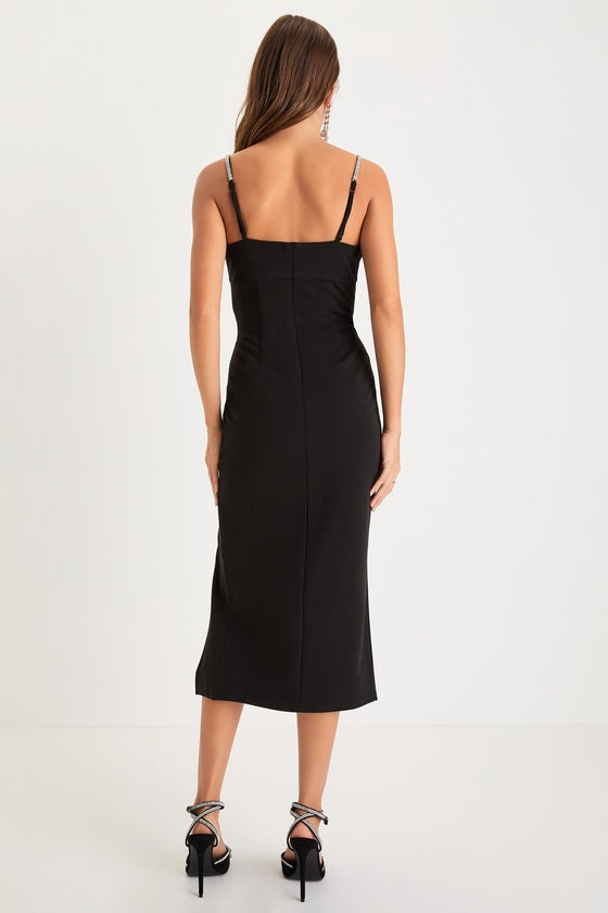 Upscale Flirt Black Rhinestone Sleeveless Bodycon Midi Dress