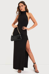 Flawless Expression Black Mock Neck Halter Maxi Dress