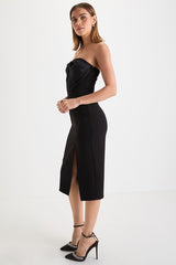 Bring the Poise Black Strapless Bow Midi Dress