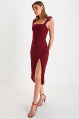 Romantic Celebration Burgundy Tie-Strap Bodycon Midi Dress