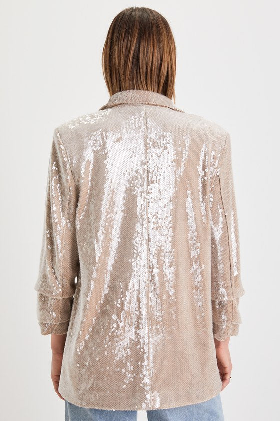 Radiant Behavior Beige Sequin Ruched Sleeve Blazer