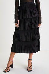Stylish Fascination Black Pleated Tiered Midi Skirt