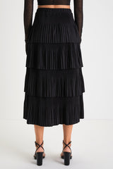Stylish Fascination Black Pleated Tiered Midi Skirt