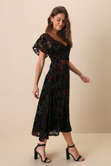 Lovely Purpose Black Velvet Floral Burnout Lace-Up Midi Dress