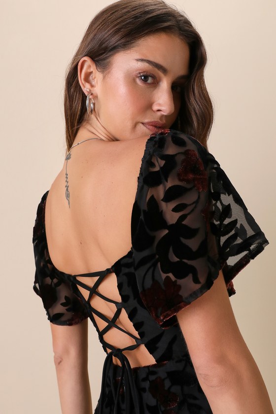 Lovely Purpose Black Velvet Floral Burnout Lace-Up Midi Dress
