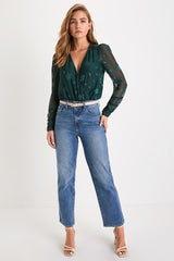 Charming Purpose Emerald Green Floral Jacquard Surplice Bodysuit