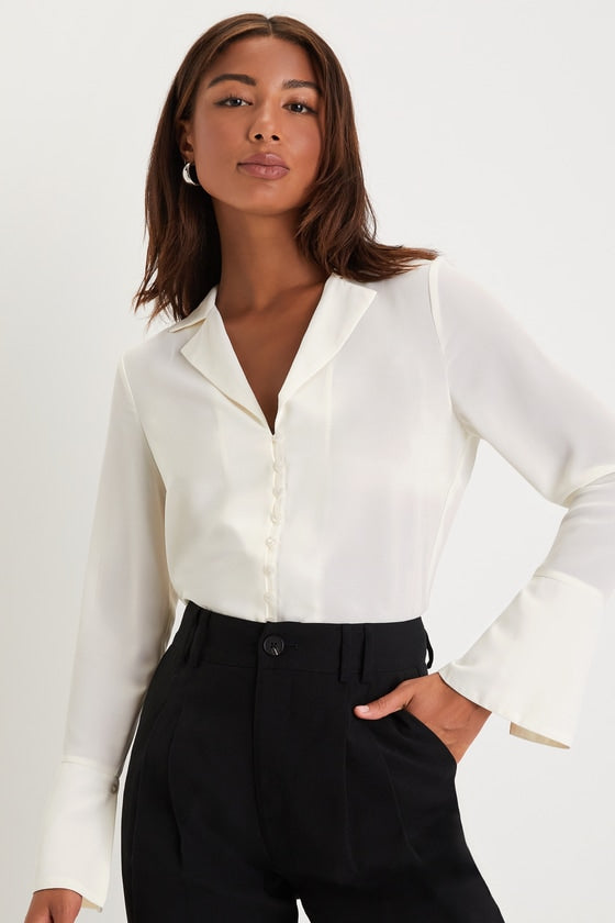 Sophisticated Presence Ivory Collared Long Sleeve Button-Up Top