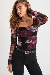 Flowering Aesthetic Black Floral Mesh Ruched Square Neck Top