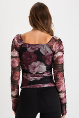 Flowering Aesthetic Black Floral Mesh Ruched Square Neck Top