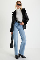 Trendsetting Muse Black Vegan Leather Faux Fur Belted Jacket