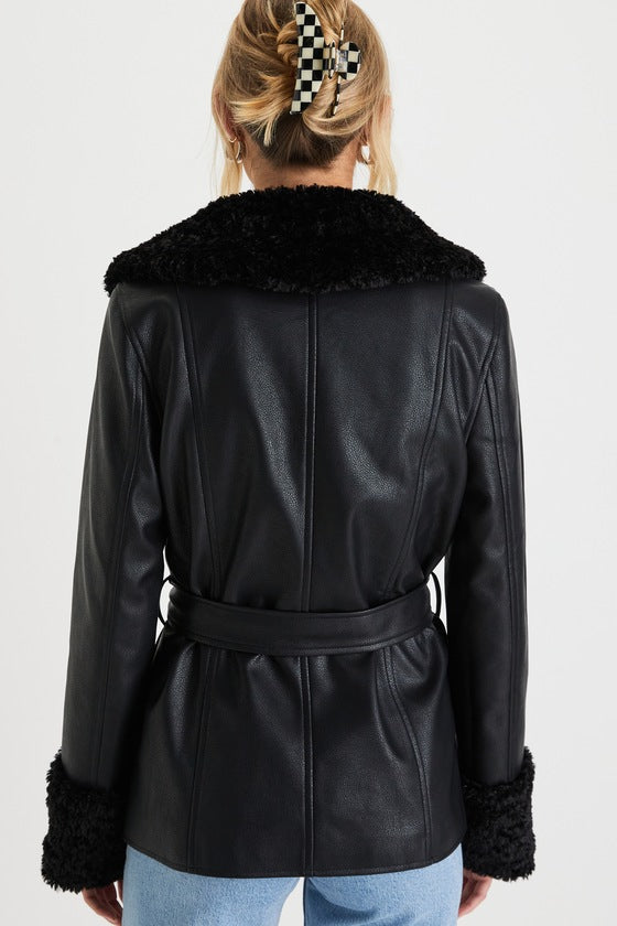 Trendsetting Muse Black Vegan Leather Faux Fur Belted Jacket