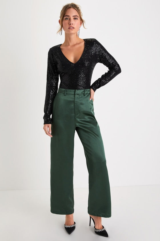 Sparkling Evenings Black Sequin V-Neck Long Sleeve Bodysuit