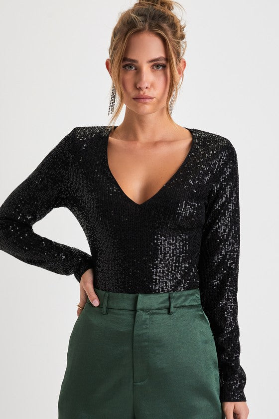 Sparkling Evenings Black Sequin V-Neck Long Sleeve Bodysuit
