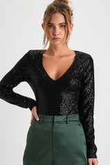 Sparkling Evenings Black Sequin V-Neck Long Sleeve Bodysuit