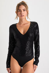 Sparkling Evenings Black Sequin V-Neck Long Sleeve Bodysuit
