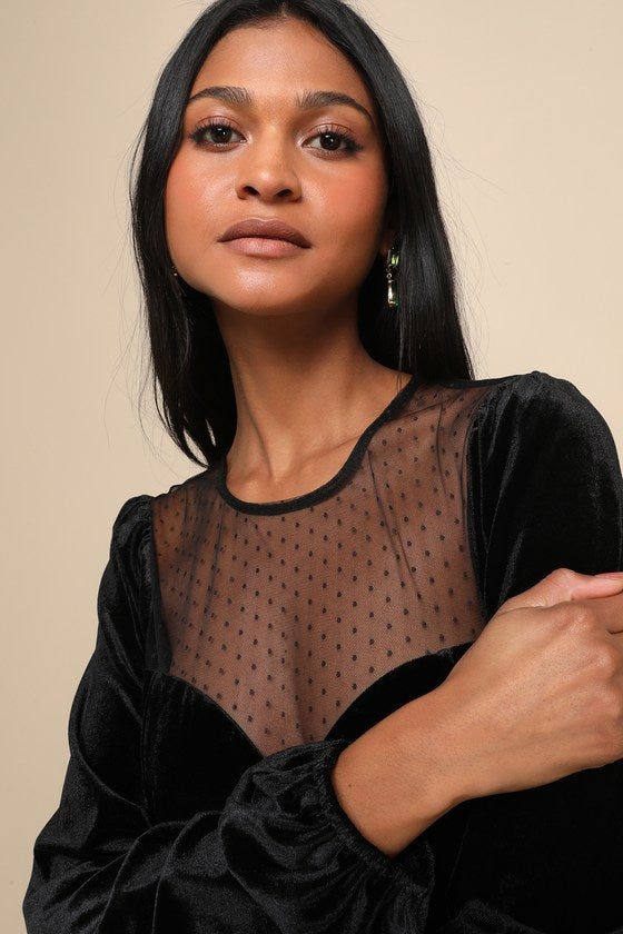 Sweetest Flirt Black Velvet Mesh Swiss Dot Long Sleeve Bodysuit