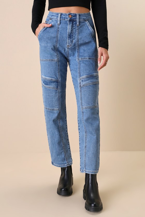 Ready to Vibe Medium Wash High-Rise Straight Leg Cargo Jeans