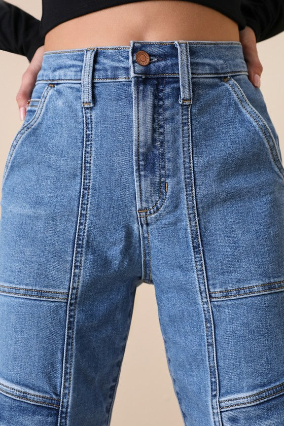 Ready to Vibe Medium Wash High-Rise Straight Leg Cargo Jeans