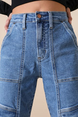 Ready to Vibe Medium Wash High-Rise Straight Leg Cargo Jeans