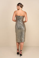 Absolutely Aglow Gold Sequin Chain Strap Bodycon Midi Dress