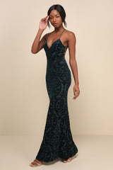 Marvelous Icon Emerald Velvet Glitter Backless Maxi Dress