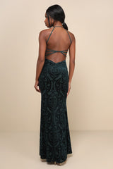 Marvelous Icon Emerald Velvet Glitter Backless Maxi Dress