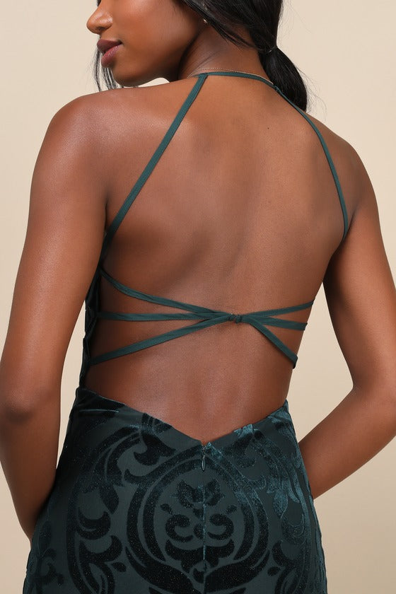 Marvelous Icon Emerald Velvet Glitter Backless Maxi Dress