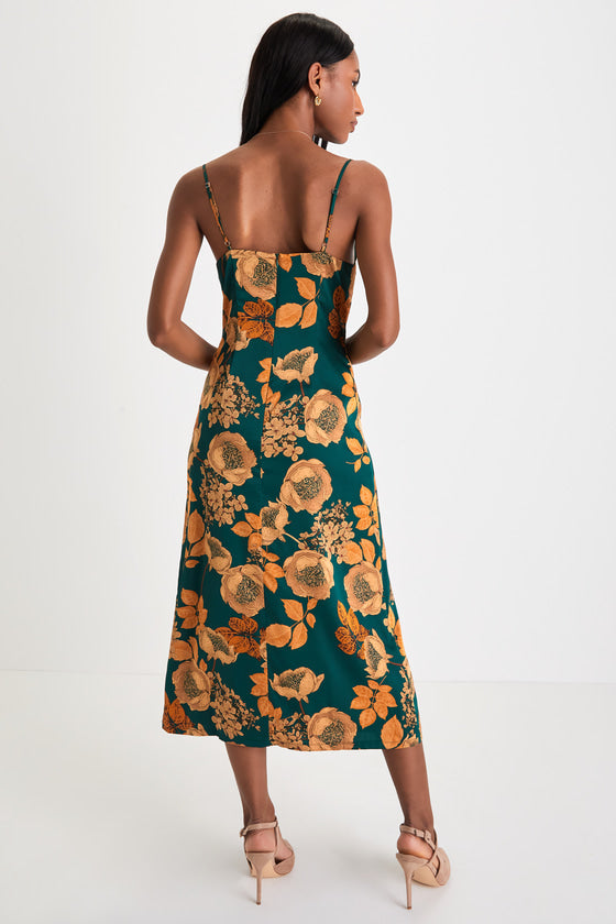 Favorite Icon Green Floral Satin Cowl Neck Slip Midi Dress