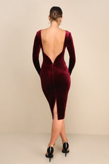 Va Va Voom Burgundy Velvet Backless Long Sleeve Midi Dress