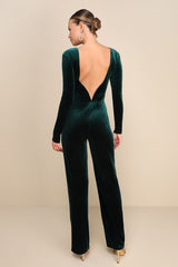 Instant Stunner Emerald Green Velvet Backless Jumpsuit