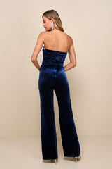 Fabulous Instinct Dark Blue Velvet Pearl Strapless Jumpsuit