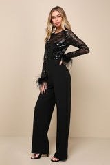 Limitless Radiance Black Sequin Feather Long Sleeve Jumpsuit