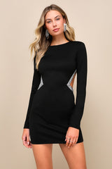 Sparkling Stunner Black Rhinestone Cutout Long Sleeve Mini Dress