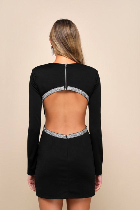 Sparkling Stunner Black Rhinestone Cutout Long Sleeve Mini Dress