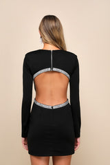 Sparkling Stunner Black Rhinestone Cutout Long Sleeve Mini Dress