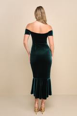 How Much I Care Emerald Green Velvet Off-the-Shoulder Midi Dress