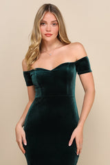 How Much I Care Emerald Green Velvet Off-the-Shoulder Midi Dress