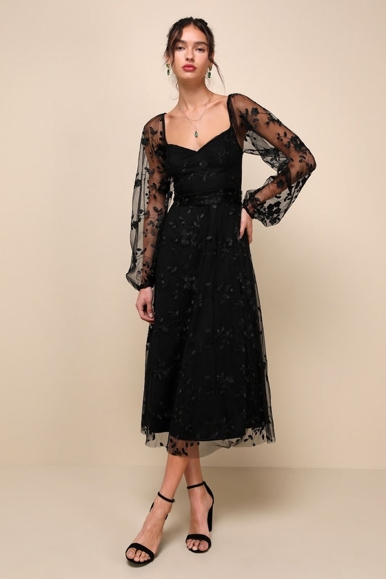 Darling Charisma Black Mesh Embroidered Midi Dress