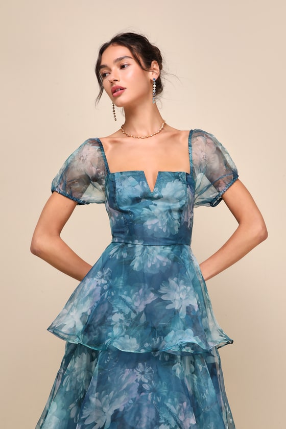 Darling Vision Teal Floral Organza Puff Sleeve Tiered Midi Dress