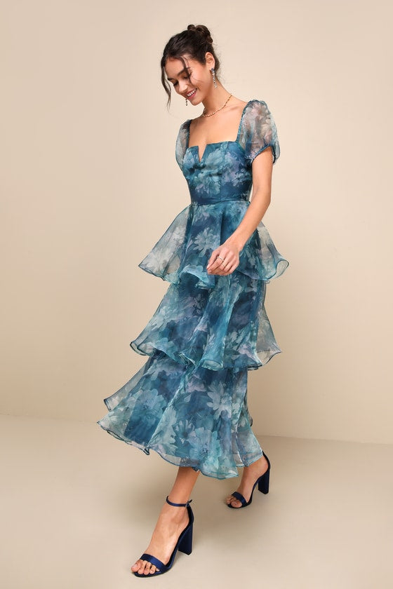 Darling Vision Teal Floral Organza Puff Sleeve Tiered Midi Dress