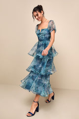 Darling Vision Teal Floral Organza Puff Sleeve Tiered Midi Dress