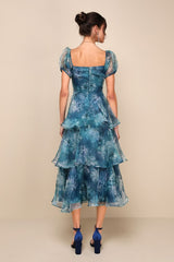 Darling Vision Teal Floral Organza Puff Sleeve Tiered Midi Dress