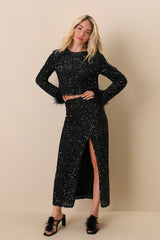 Sparkling Behavior Black Sequin High-Rise Midi Skirt
