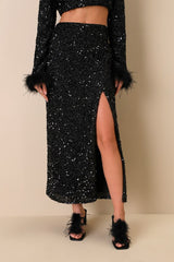 Sparkling Behavior Black Sequin High-Rise Midi Skirt