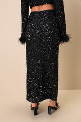 Sparkling Behavior Black Sequin High-Rise Midi Skirt