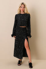 Sparkling Behavior Black Sequin Feather Long Sleeve Top